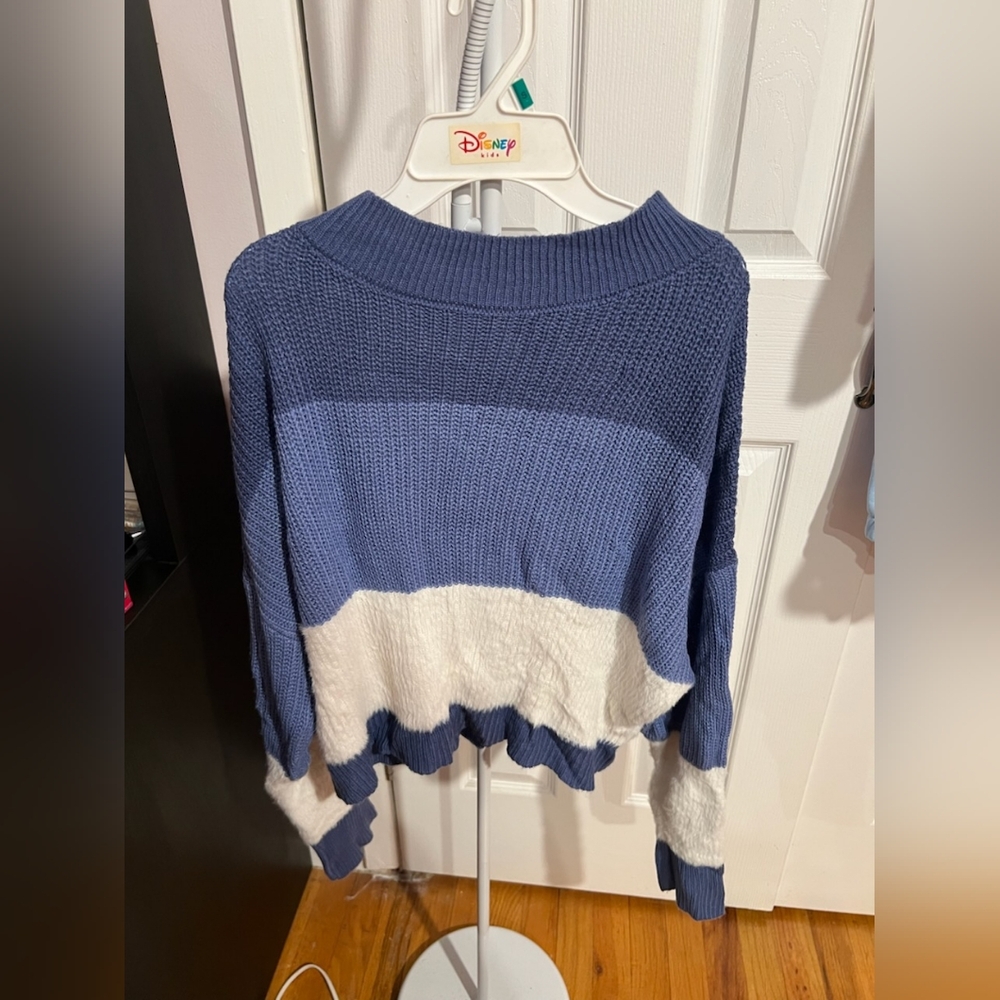 Blue and white fuzzy sweater
